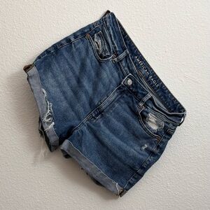 American Eagle AE Stretch Mom Short Distressed Denim Dark Blue Jean size 8